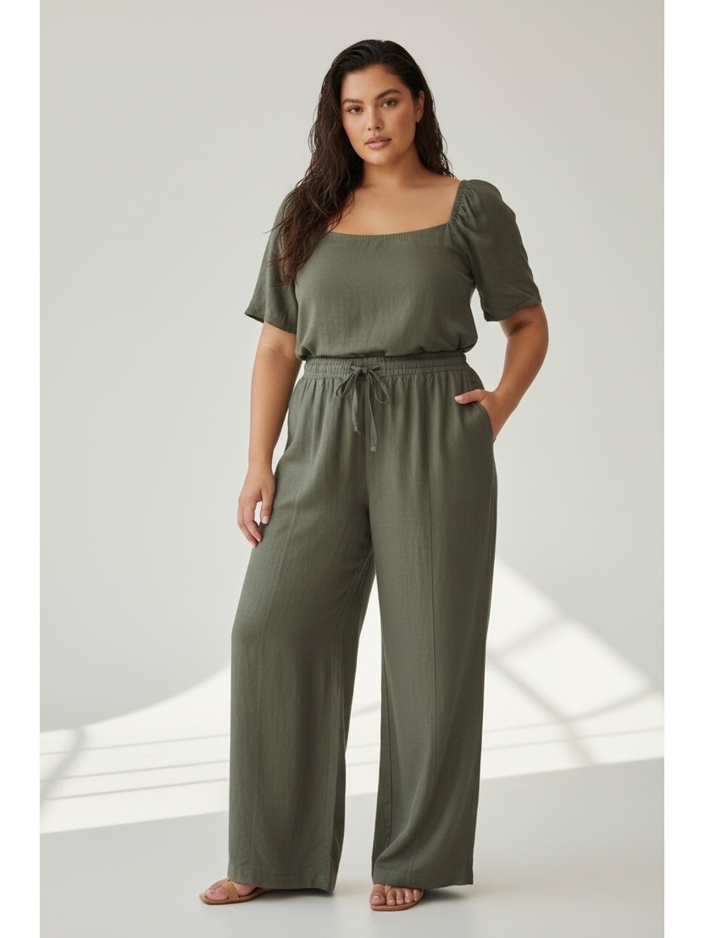GAP Women's Pull-On Linen Pants Olive XXL